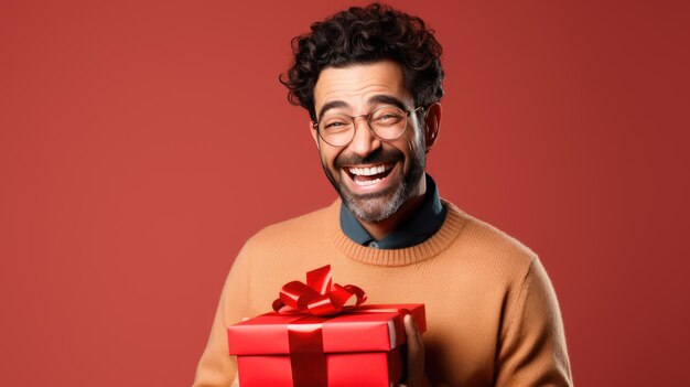 Счастливый улыбающийся мужчина держит подарочную коробку на цветном фоне