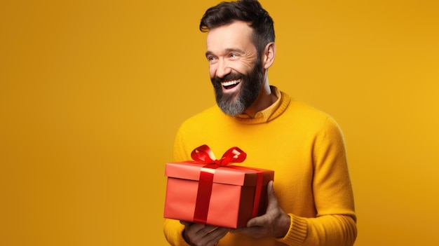 Photo happy smiling man holding gift box on a colored background
