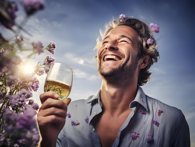 ワインのグラスを握っている幸せな笑顔の男 花と空の背景 高品質