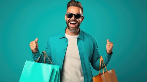 Счастливый улыбающийся мужчина держит сумки с покупками на синем фоне