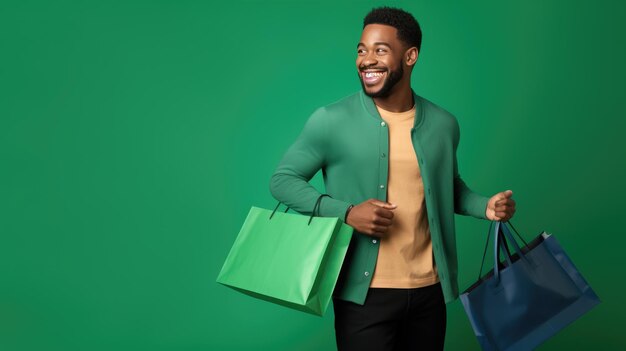 Photo happy smiling man holding shopping bags on green background