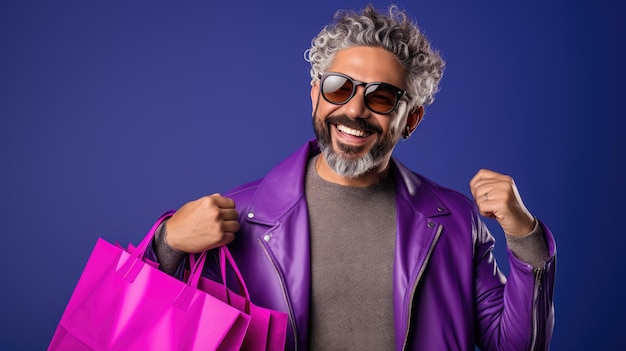 Счастливый улыбающийся мужчина держит сумки с покупками на фиолетовом фоне