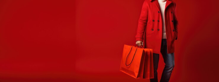 赤い背景のショッピングバッグを持った幸せな笑顔の男