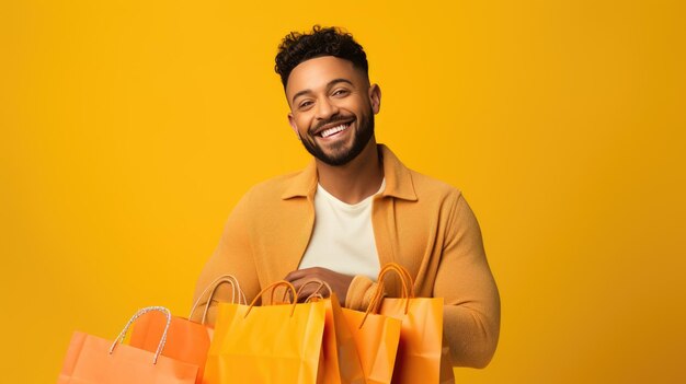 Photo happy smiling man holding shopping bags on yellow background