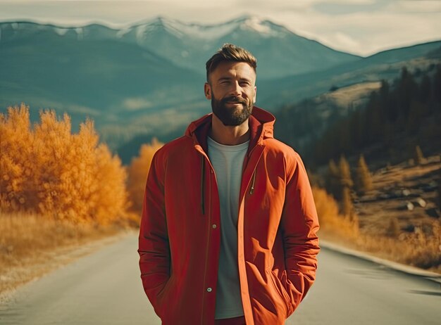 A happy smiling man in an orange jacket on the background of forest trees and a road created with generative ai technology