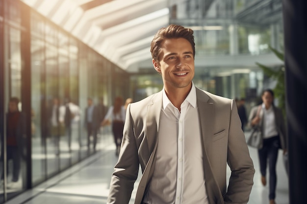 Happy smiling man in a suit goes to a business center