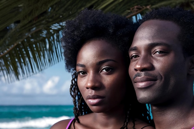 Happy smiling man and woman on the sea beach against the backdrop of ocean waves Young beautiful couple of African American people in love Generative AI