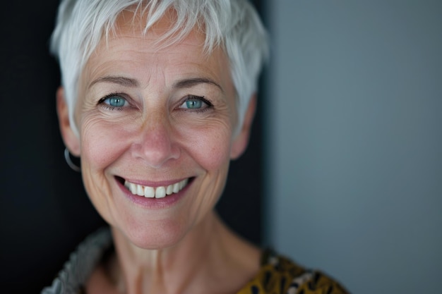 Photo happy smiling mature woman in her sixties with trendy white short hair