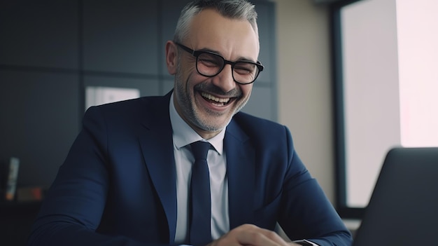 Foto uomo d'affari professionale di mezza età sorridente felice seduto alla scrivania in ufficio a lavorare su un computer portatile ridendo sul posto di lavoro ai generativa