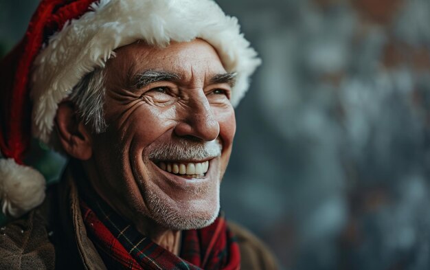 happy smiling old man with Santa hat in Christmas background