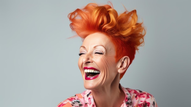 Happy smiling redhead mature woman on grey background