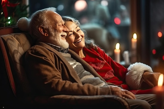 Happy smiling retired adult couple sitting together at home created with Generative AI technology