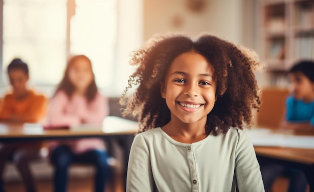 A happy and smiling schoolgirl sitting in the classroom