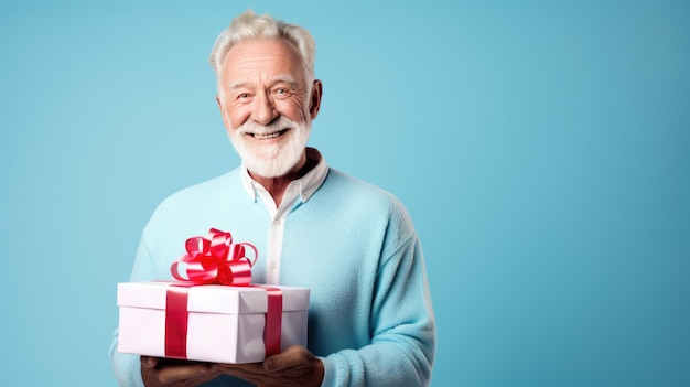 Happy smiling senior man holding gift box on a colored background