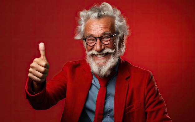 A happy smiling senior man with thumb up colorfully dressed on red background