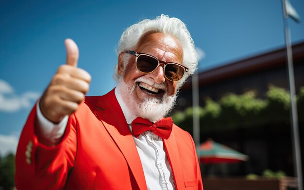 Un uomo anziano sorridente felice con il pollice in su vestito in modo colorato