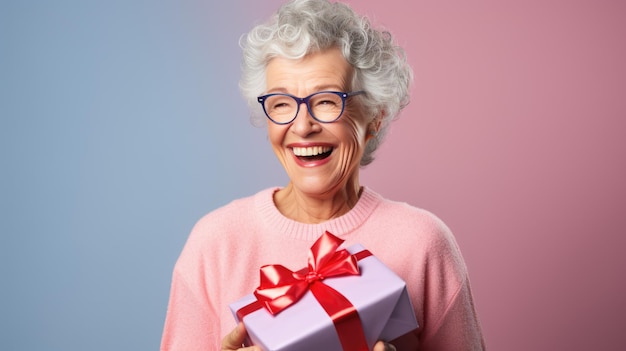 Happy smiling senior woman holding gift box over pink background