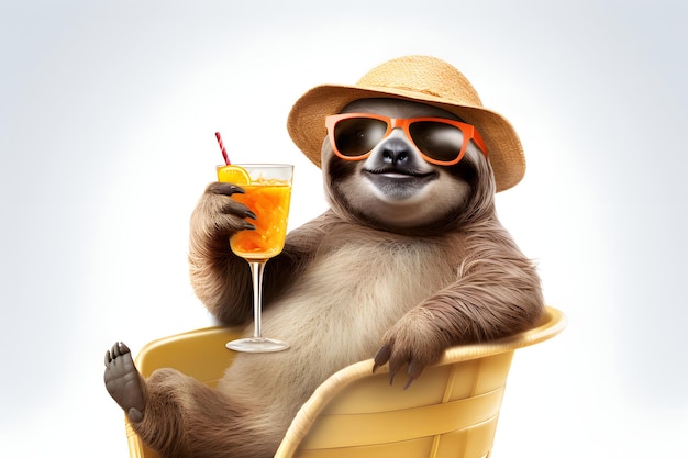 Happy and smiling sloth wearing summer hat and stylish sunglasses holding glass with drink on beach