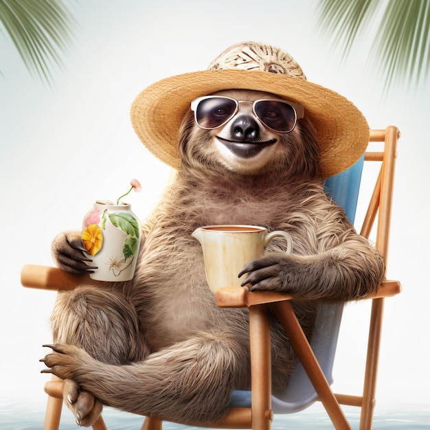 Photo happy and smiling sloth wearing summer hat and stylish