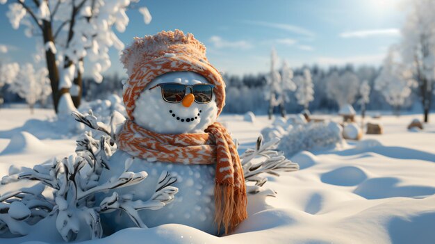 Happy smiling snow man on sunny winter day