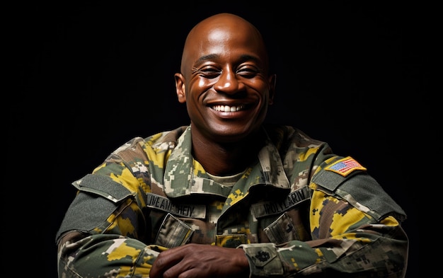 Счастливый улыбающийся солдат в камуфляже на черном фоне