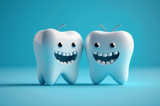 Happy smiling teeth in cartoon style on blue background the concept of dental health generative ai