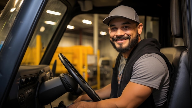 Счастливый улыбающийся водитель грузовика Создано с помощью технологии генеративного искусственного интеллекта