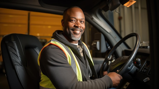 Счастливый улыбающийся водитель грузовика Создано с помощью технологии генеративного искусственного интеллекта