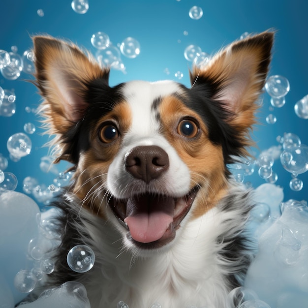 Счастливая улыбающаяся мокрая собака принимает ванну и ухаживает за домашними животными.