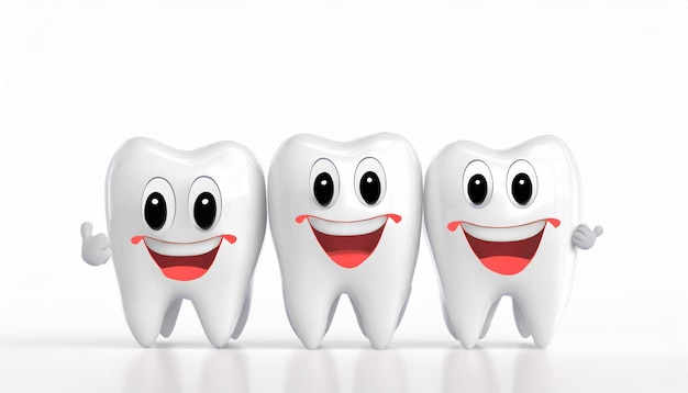 Happy smiling white teeth cartoon characters concept of dental health care