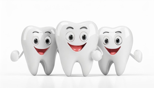 Happy smiling white teeth cartoon characters concept of dental health care