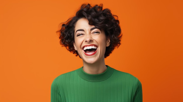 Happy smiling woman on colored background