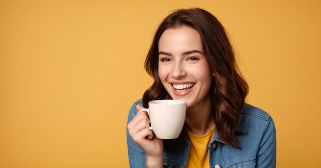 Photo happy smiling woman drinking coffee with copy space