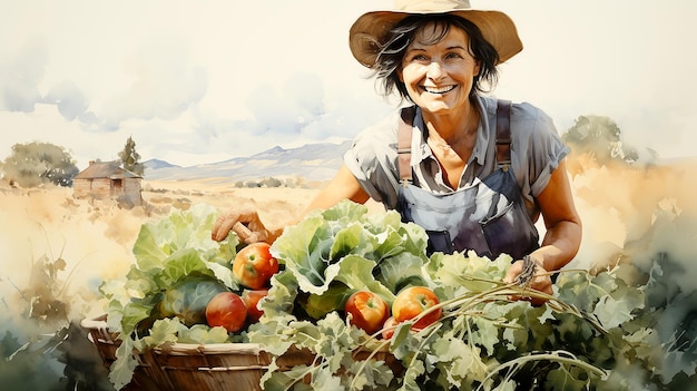 Happy smiling woman farmer next to her organic products grown and harvested in autumn Farm produce illustration AI generated