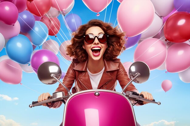 幸せな笑顔の女性は彼女のスクーターに付着したカラフルな風船で飛びます