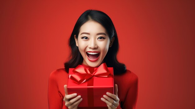 Happy smiling woman holding gift box over red background