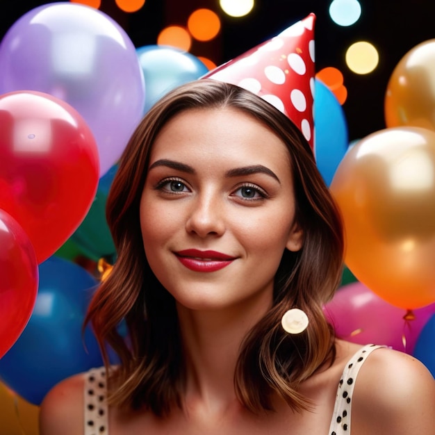 Happy smiling woman in party hat with confetti and balloons