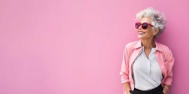 Happy smiling woman of senior old age standing on pink background wall Modern elderly female