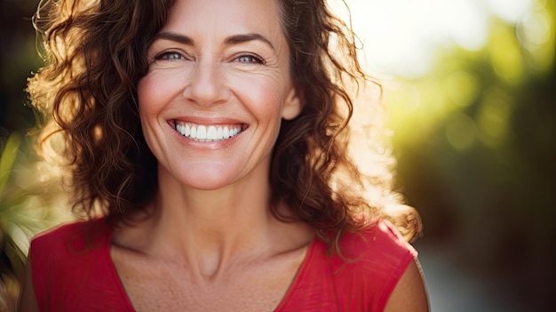 Donna sorridente felice che indossa un top rosso con pelle luminosa e occhi scintillanti di felicità e salute
