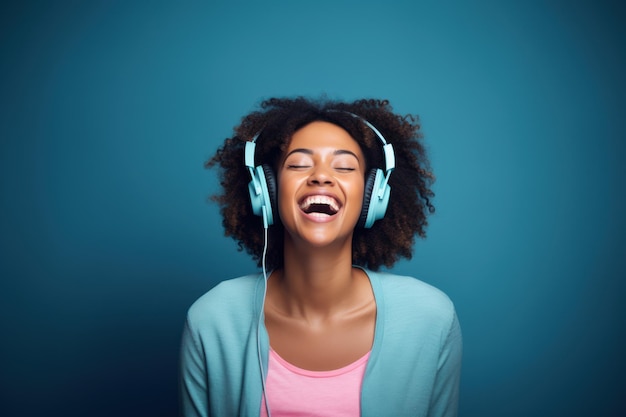 Foto una donna felice e sorridente con i capelli afro ricci e le cuffie una modella donna che ride ascolta musica su uno sfondo pastello blu