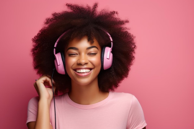 Foto una donna felice e sorridente con i capelli afro ricci e le cuffie una modella donna che ride ascolta musica su uno sfondo pastello rosa