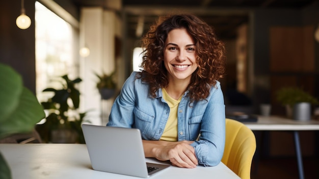 Photo happy smiling woman working on a laptop in the office