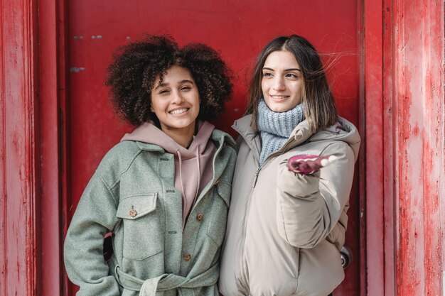 Happy smiling women enjoying life in city and surviving life with hard work photoshoot background