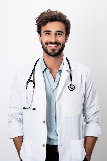 白い背景に孤立した幸せで笑顔の若いアラビアの男性医師