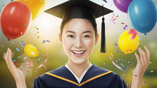 Happy smiling young asian woman wearing graduation cap