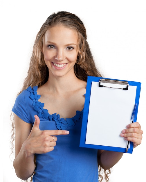 Happy smiling young beautiful business woman with clipboard