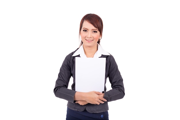 Happy smiling young business woman holding blank signboard, over white background