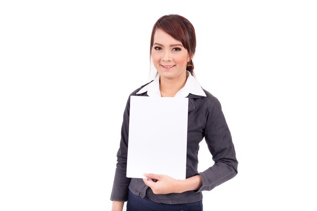 Happy smiling young business woman holding blank signboard, over white background