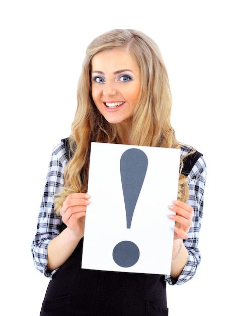 Happy smiling young business woman showing blank signboard