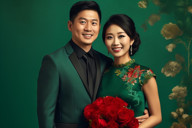 Photo happy smiling young chinese couple in traditional style emerald clothing on a green background